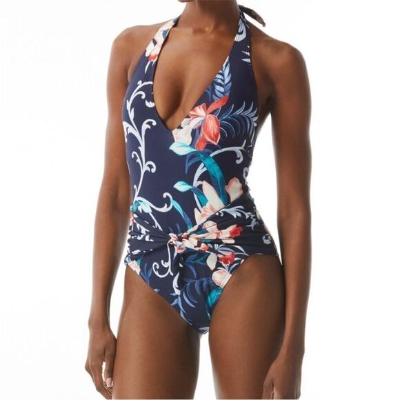 CARMEN MARC VALVO Women's Floral-Print V-Neck Halter One-Piece Swimsuit swim 14 - Picture 5 of 11